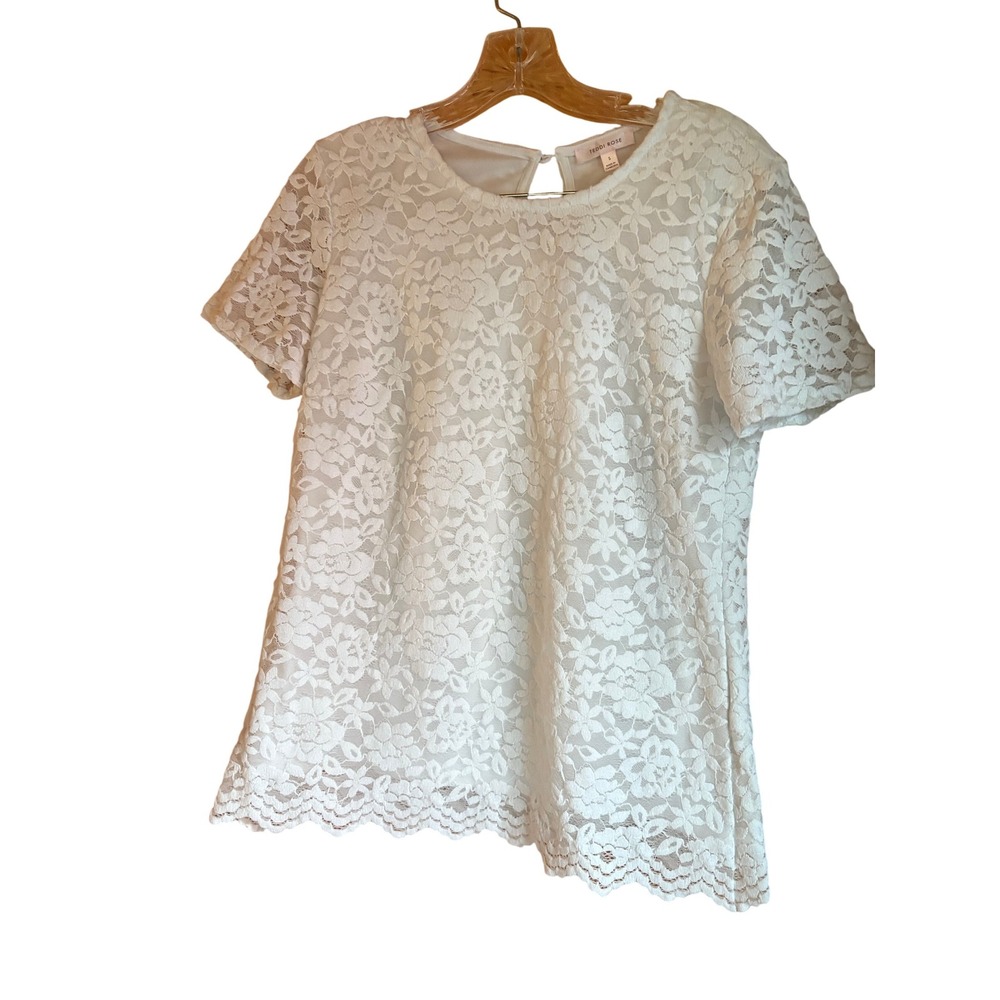 TEDDI ROSE White‎ Lace Short Sleeve Keyhole Back Top Womens Size S